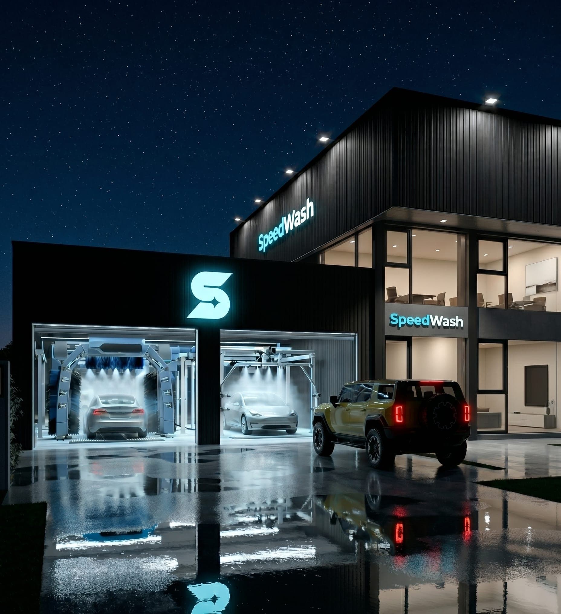 SpeedWash Funes — fachada de noche